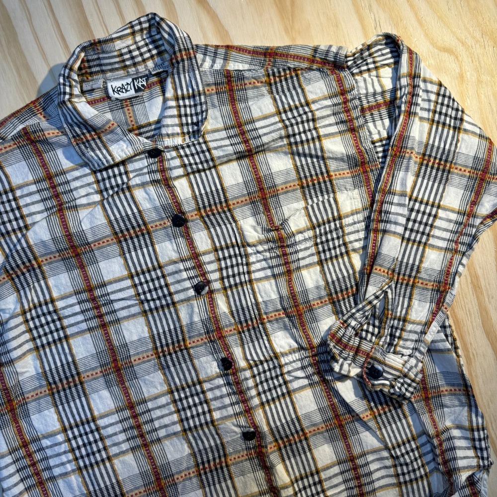 Krazy Kat Women's Vintage Plaid Button Up Long Sleeve Flannel Shirt Size Small
